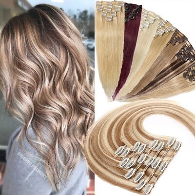 #ad Clearance 100% Remy Human Hair Extensions Clip In Real Soft Weft Full Head Ombre