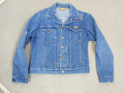 #ad VINTAGE Rustler Jacket Womens Medium Blue Denim Jean Button Up Trucker Dark USA*