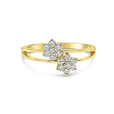 #ad 14K Yellow Gold Cute Twin Flowers Diamond Ring 0.30 Ct