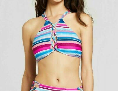 Vanilla Beach Pink Blue Stripe Halter Lace Up Swim Top Size Small Tie Back NWT $11.24