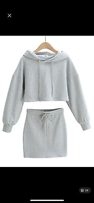 #ad Women two piece skirt set Size Small GRAY hooded sweatshirt crop top And Skirt