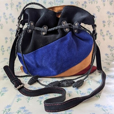 #ad Patricia Nash Caffarelli Bucket Bag Colorblock Suede Leather Drawstring Boho
