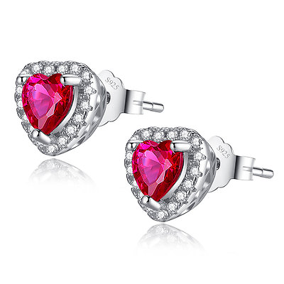 #ad 1.0 CTW Heart Cut Simulated Ruby 925 Sterling Silver Stud Earrings Gifts for Her