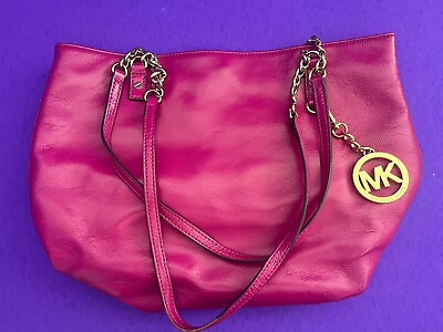#ad Michael Kors Handbag Tote Hot Pink Fuchsia Gold Chain Handles Logo Tag SALE