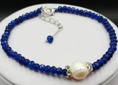 #ad Natural 2x4mm Blue Jade Gems amp; 9 10mm White Cultured Pearl Bracelet 7.5quot;
