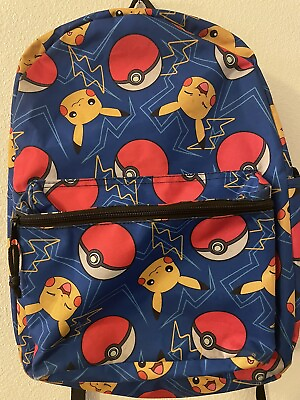 #ad Pokemon Pikachu Pokeball Print Blue Red School Backpack Vintage Book Bag 16quot;