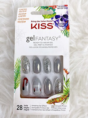 #ad Kiss Press on Nails Gel Fantasy Gray Vampire Silver Glitter Almond Shape HKGF06