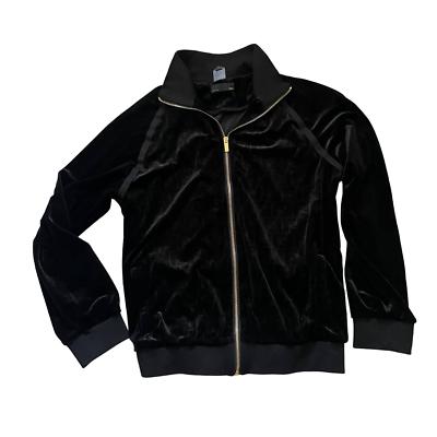 #ad Fendi Women#x27;s Velour Full Zip Logo Track Jacket Long Sleeves Black XXL