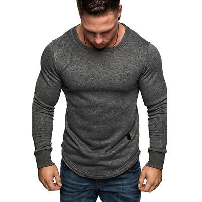 #ad Mens Long Sleeve T Shirt Gym Designer Plain Slim Muscle Fit Round Neck Tee Top
