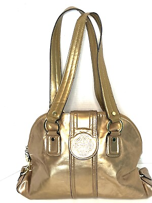 #ad Solina Siena Dark Gold Metallic Leather Double Handle Satchel Purse Bag MSRP $98