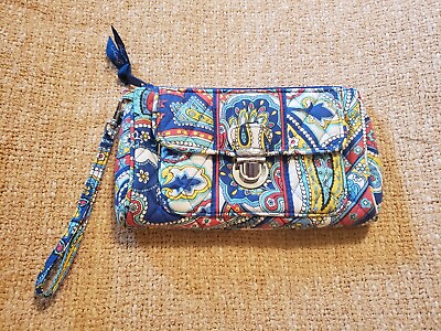 #ad VERA BRADLEY CLUTCH WALLET WITH STRAP WRISTLET BLUE RED YELLOW 8 X 5