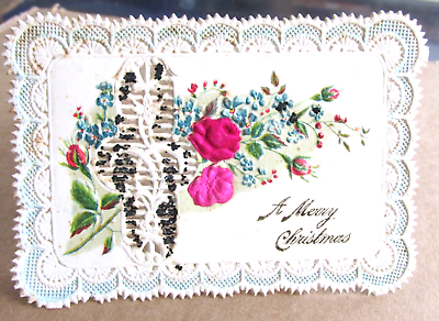 #ad Victorian Embossed Cut Edge Silk Rose Glitter Merry Christmas Card Calling Card