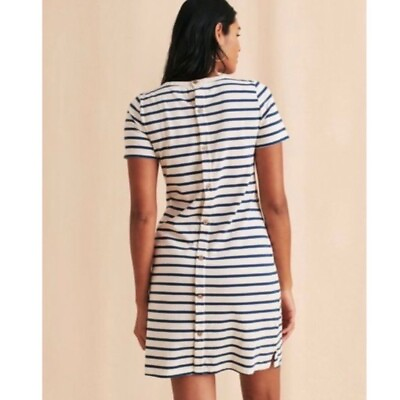 #ad Faherty Blue Stripe Button Back Merritt T Shirt Dress Organic Cotton Size Medium