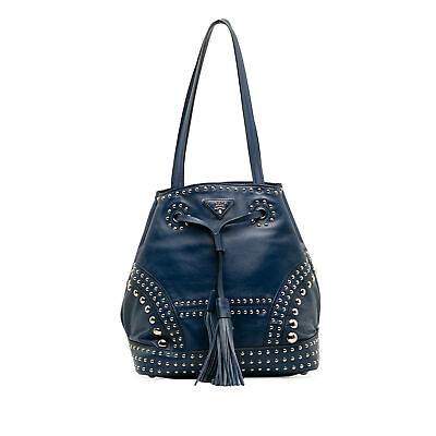 #ad Authenticated Prada Soft Studded Blue Dark Calf Leather Bucket Bag