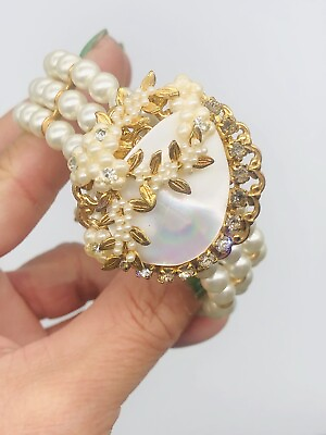 #ad Vtg MIRIAM HASKELL ? Mother Of Pearl amp; Clear Rhinestones Flower Wrap Bracelet