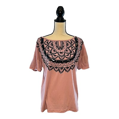 #ad City Hearts Women#x27;s Pink Lace Graphic Print Beaded Short Sleeve Shirt Medium