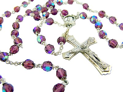 #ad Amethyst Aurora Borealis Crystal 6MM Bead Rosary with Blessed Mary Centerpiece