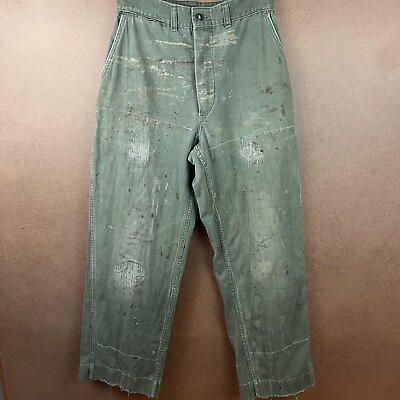 #ad VTG WWII Distressed US Military Herringbone HBT Trousers 28x29.5 Repairs
