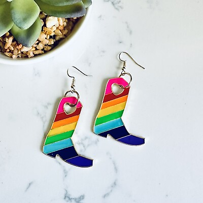 #ad Colorful Rainbow Western Cowgirl Boots Earrings Striped Heart Cutout Dangle NEW