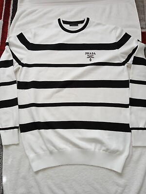 Prada Men#x27;s White With Black Strips Sweater Size L SLIMFIT PRE OWNED Authentic $449.99