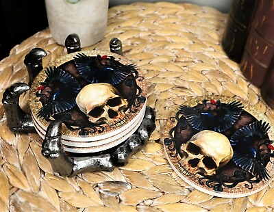 #ad Ebros Clutch Of The Dead Skeleton Hand Coaster Holder W 4 Skull Coasters