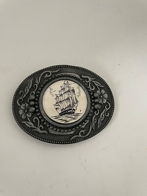 #ad Vintage Belt Buckle Faux Scrimshaw Ship Ceramic Grey Metal. 3.25quot; DO11