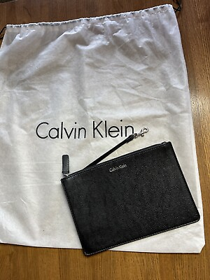 #ad CALVIN KLEIN Women#x27;s Wristlet Clutch Wallet Cosmetic Pouch Black Faux Leather