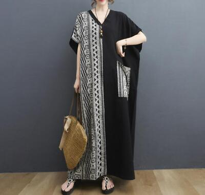 #ad Womens New Fashion Summer Ethnic Style V Neck Loose Printed Cotton Linen Dress