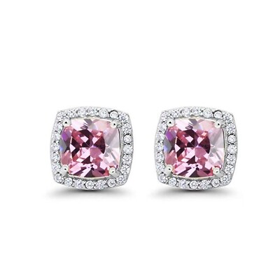 #ad 18k White Gold 2 Ct Created Halo Princess Cut Pink CZ Earrings Plated