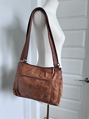 #ad Vintage Cabin Creek Leather Embossed Shoulder Bag. Camel. Lots of Pockets.