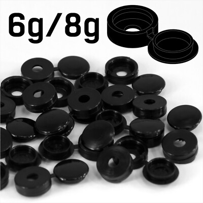 #ad SMALL BLACK PLASTIC SCREW COVER CAPS HINGED FOLD OVER TO FIT SIZE 6g 8g GAUGE