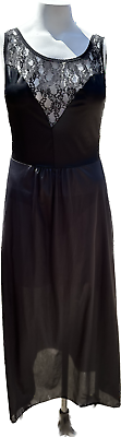 #ad Vintage Nightgown Medium Black Maxi Length Round Lace Neckline Sleeveless EUC