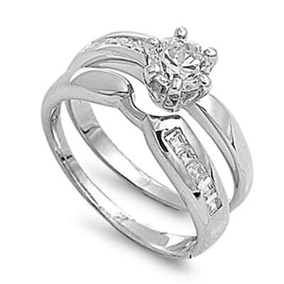 #ad Sterling Silver Designer Engagement Ring Wedding Band Bridal Set CZ Sizes 5 10