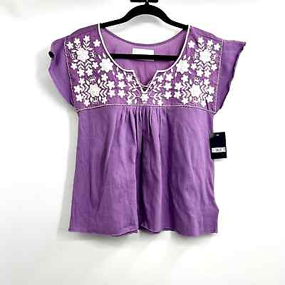 #ad LUCKY BRAND Embroidered Purple Boho Top Flutter Sleeve Tie Front BRAND NEW XS