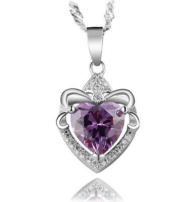 #ad Women Sterling Silver Heart Flower Purple Amethyst Crystal Pendant Necklace Gift