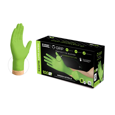 #ad 100 Pc First Glove GREEN Nitrile Disposable Gloves 8Mil Raised Diamond Texture