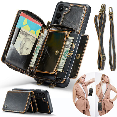 #ad Zipper Leahter Wallet Crossbody Strap Phone Case Cover for Samsung S21 S22 S23