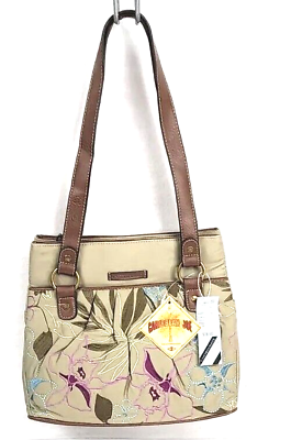 #ad Carribean Joe Purse 3 Section Satchel Canvas Floral Embroidered Shoulder Bag