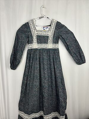 #ad Vintage Womens Small Prairie Style Dress Green Floral Zipper Back Small Lace