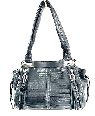 #ad B Makowsky Black Leather Medium Shoulder Bag Pleated Drawstring Sides Tassels
