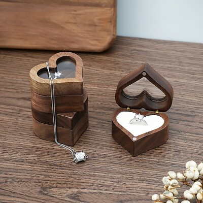 #ad Heart Shape Jewelry Box Ring Storage Holder Wooden Case for Wedding Engagement