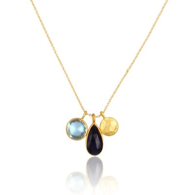 #ad Blue Topaz Corundum Blue Charm Necklace Gold Plated Disc Pendent Gift Jewelry