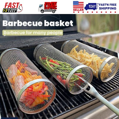 #ad BBQ Net Rolling Grilling Basket Tube Round Stainless Steel Grill Mesh Cylinder
