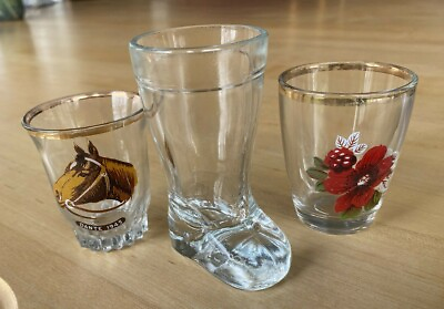 #ad Wonderful Set of 3 Vintage Shot Glasses Horse Derby Floral themed