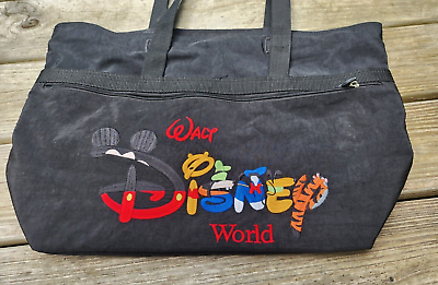 #ad Vintage Walt Disney World Tote Bag Embroidered Spell Out Black Zippered Nylon
