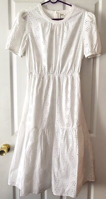 #ad A.n.a Lace Eyelet Midi White Short Sleeve Dress M Cotton Lined Peasant NEW $70