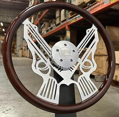 #ad 18quot; Steering Wheel Chrome Spokes Dark Wood Grip 5 Hole INTERNATIONAL