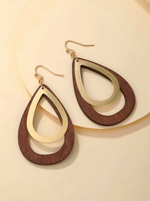 #ad NEW Wood Gold Layer Drop Dangle Teardrop Fashion Earrings