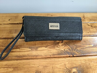 #ad NEW Kenneth Cole Reaction Elongated Flap Clutch Wristlet Wallet Black NWT