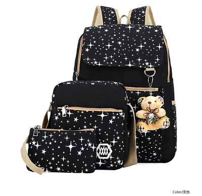 #ad Women Backpack 3pcs set School Bags Star Printing Cute With Bear For Teenagers